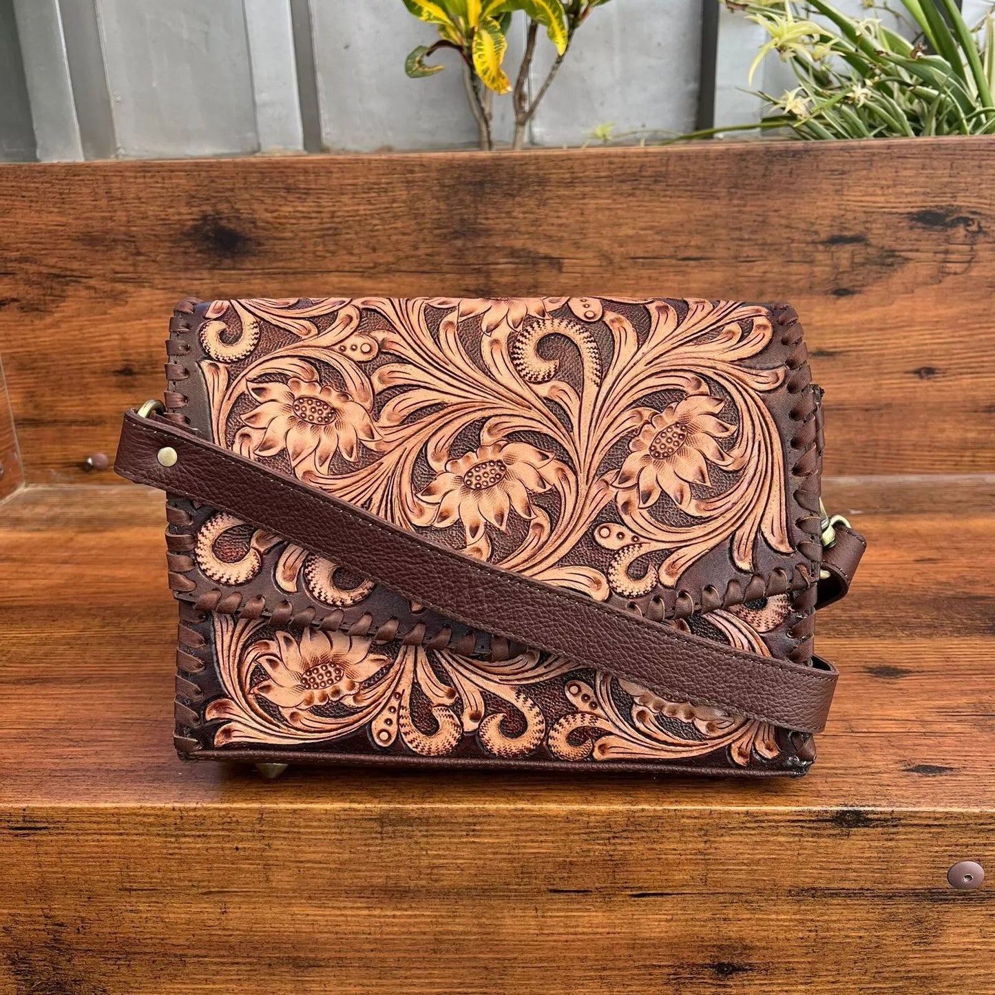 Tooled Leather Crossbody Sling Bag