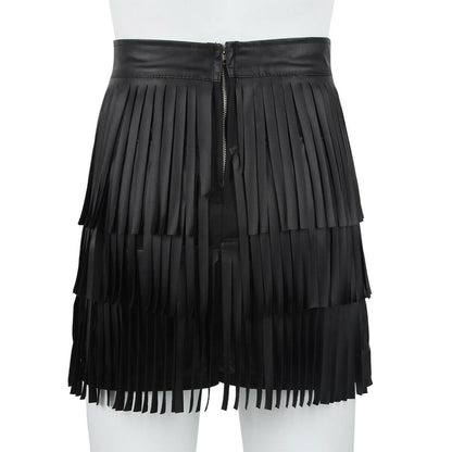 Women Real Leather Fringe Skirt