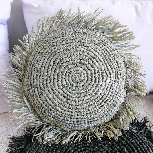 Boho Round Fringed Raffia Jute Pillow Cover