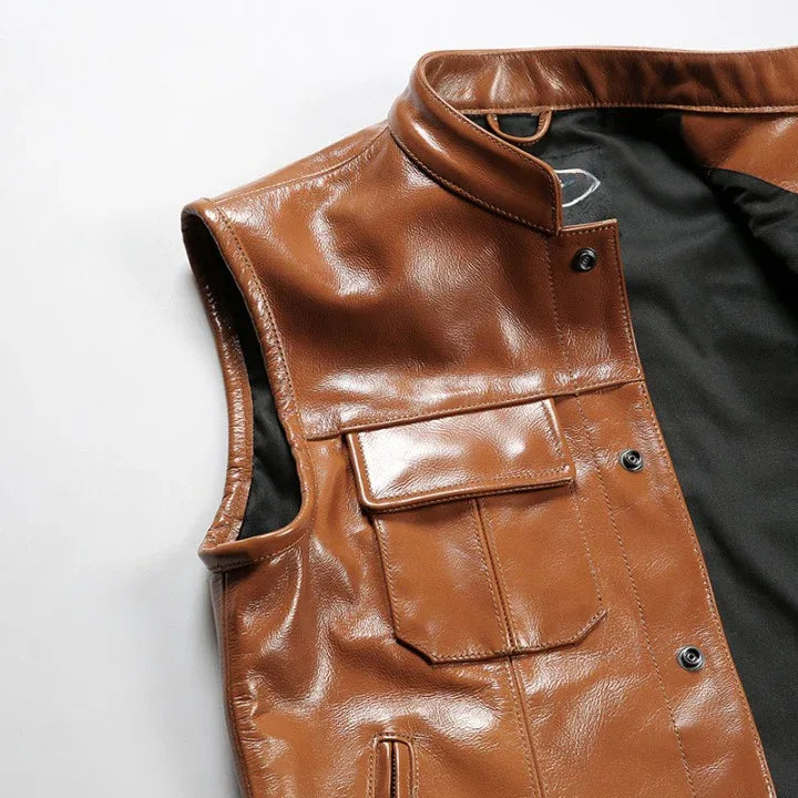 Oil Waxed Motorcycle Leather Vest Stand Collar Biker Vest