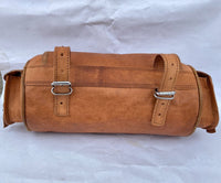 Leather Motorbike front bag with side pockets.