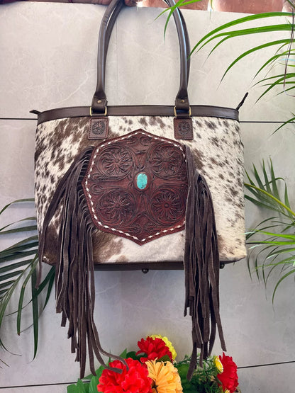 Cowhide Tooled Leather Handbag Fringe