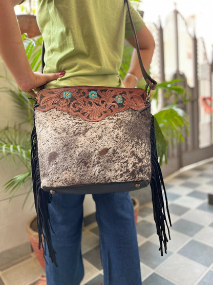 Real Cowhide Tooled Leather Fringe Handbag