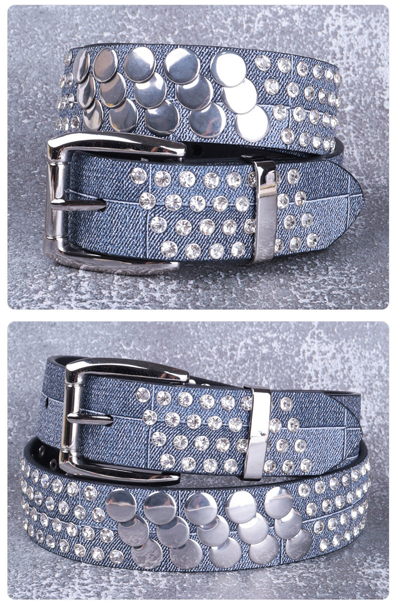 Women punk rhinestone stud faux leather belt