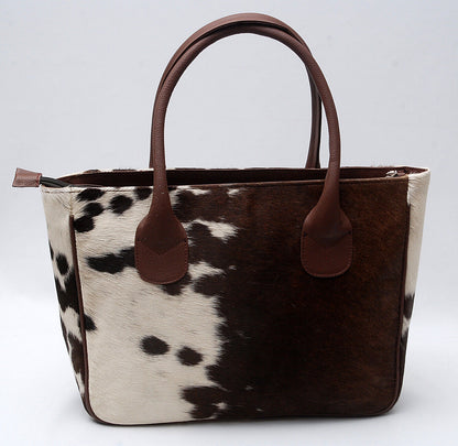 Genuine Dark Brown White Cowhide Tote Purse