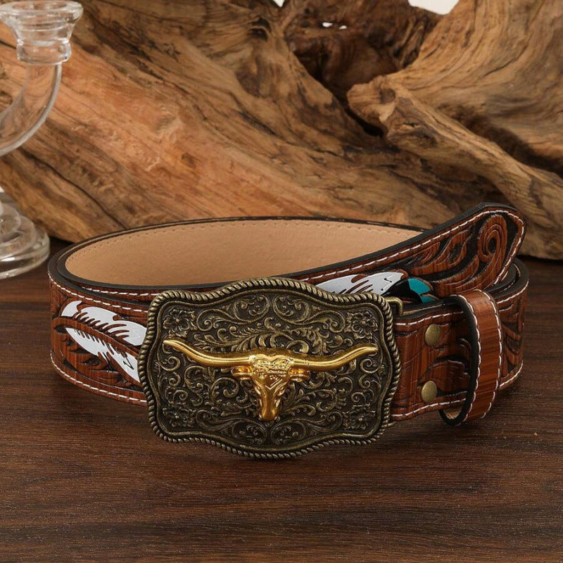 Men’s Western Longhorn Cowboy Leather Belt