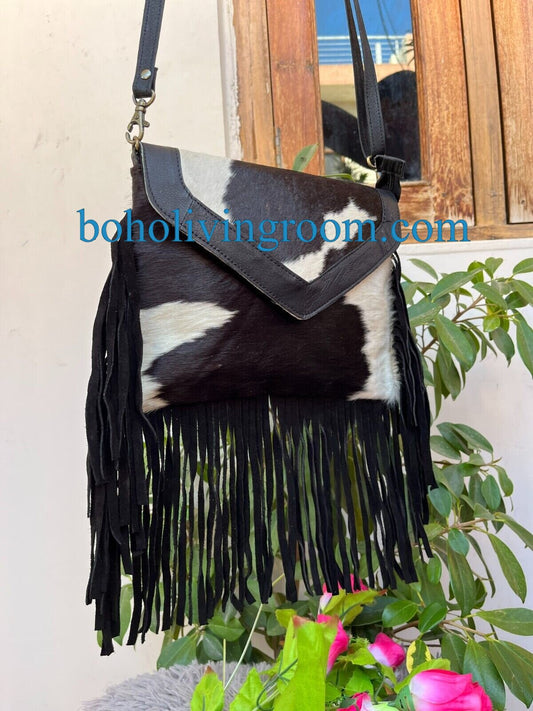 Black White Cowhide Crossbody Bag With Fringes