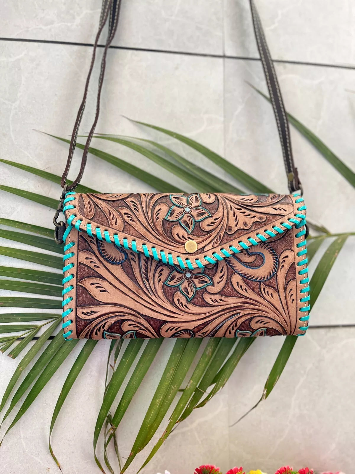 Real Cowhide Tooled Sling Purse