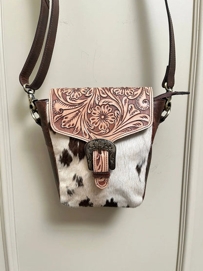 Cowhide crossbody bag with tooled leather