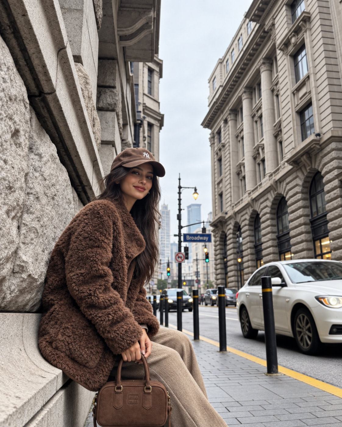 Women's Fur Coat Reversible Lambswool Style in Brown Sheep Wool