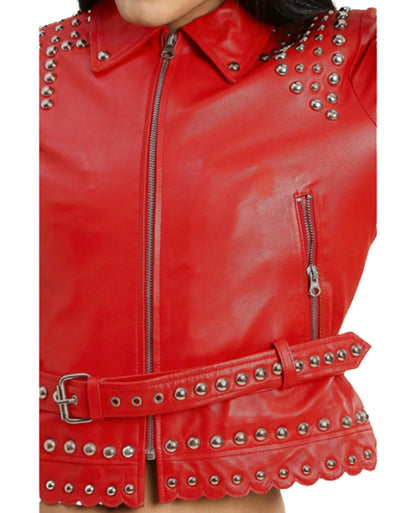 Women's Studded Red Leather Jacket with Belt