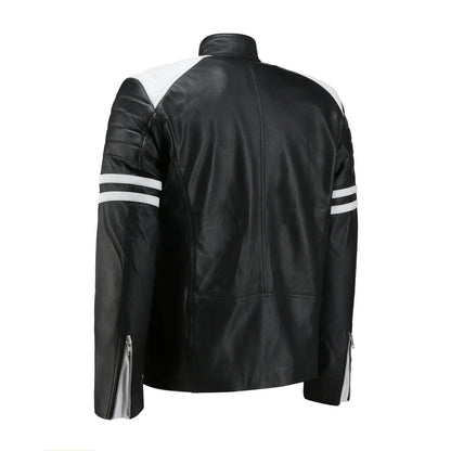 Genuine Biker Leather Jacket Black White