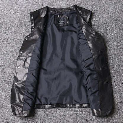 Men Leather Vest Sheepskin Black V-Neck Button Waistcoat