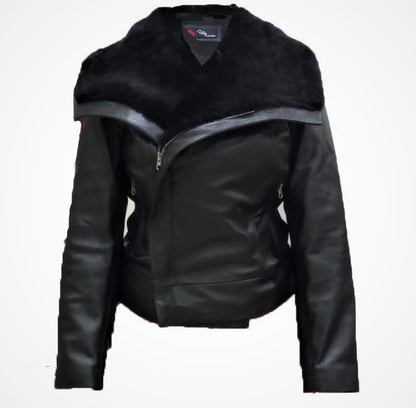 Women's leather jacket real sheep fur collar