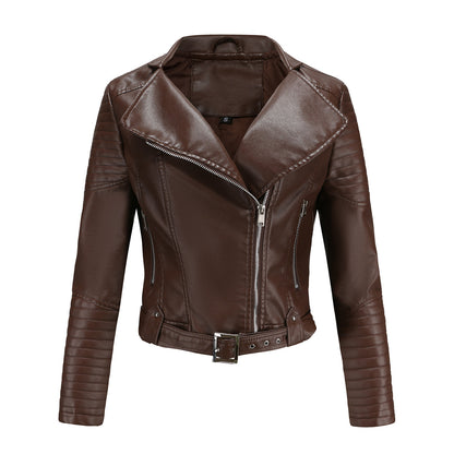 Women’s Faux Leather Motorcycle Jacket with Belt