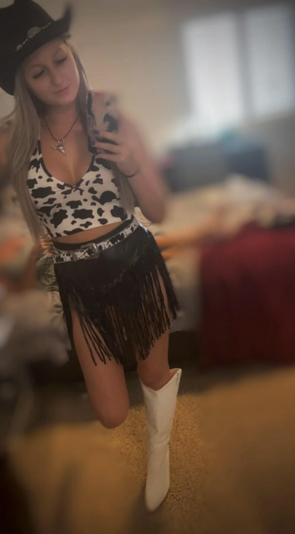 High Waist Fringe Trim Real Leather Shorts