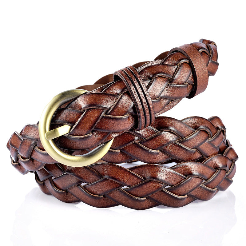 Slim Brown Braided Leather Waist Belt with Gold Buckle
