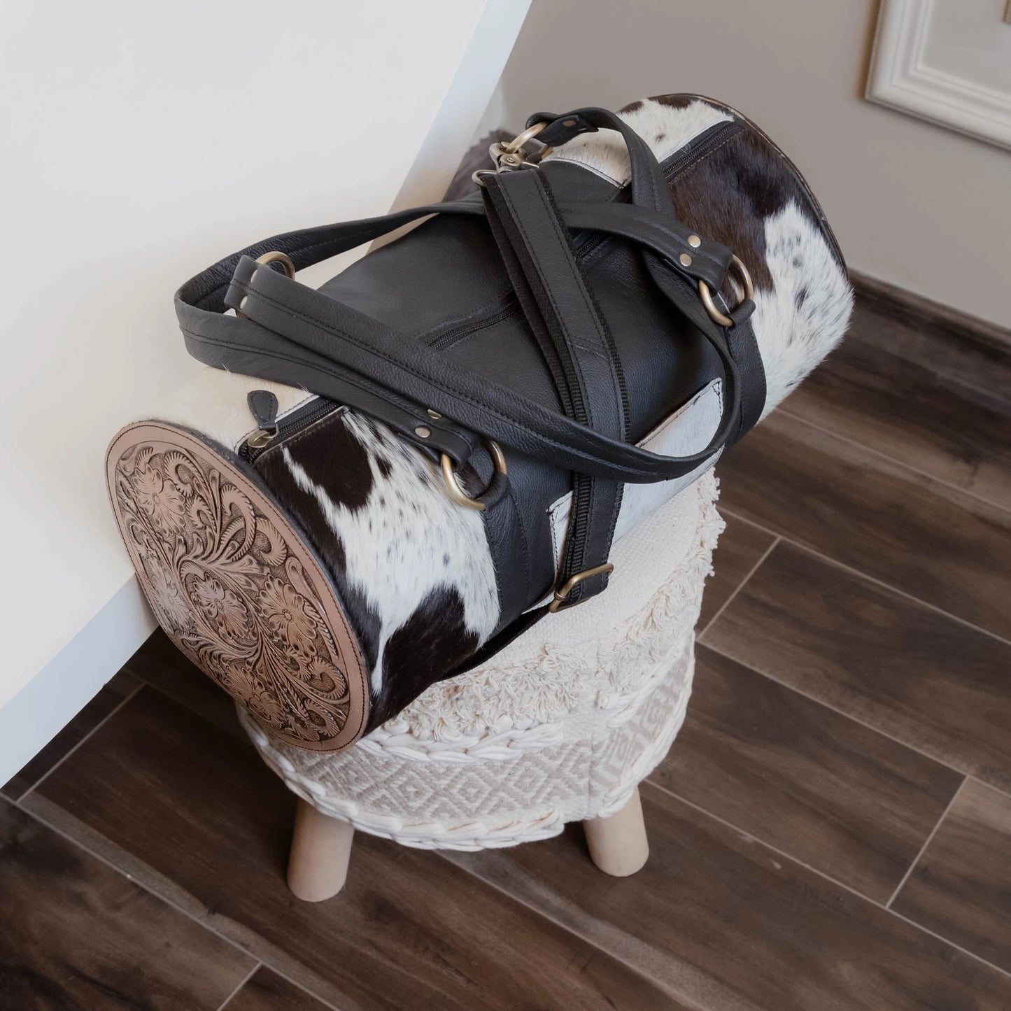 Cowhide Travel Bag With Tooled Leather