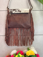 Spotted Black White Cowhide Crossbody Bag With Fringes