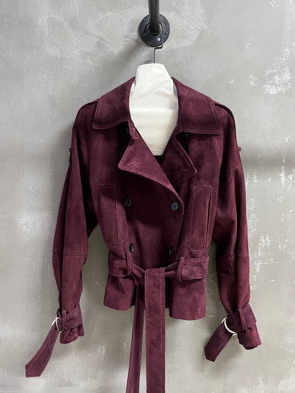 Women Suede Genuine Leather Trench Coat Jacket with Belt