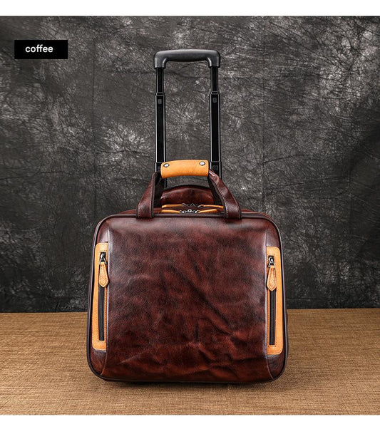Real Leather Trolley Suitcase Carry-On with Wheels