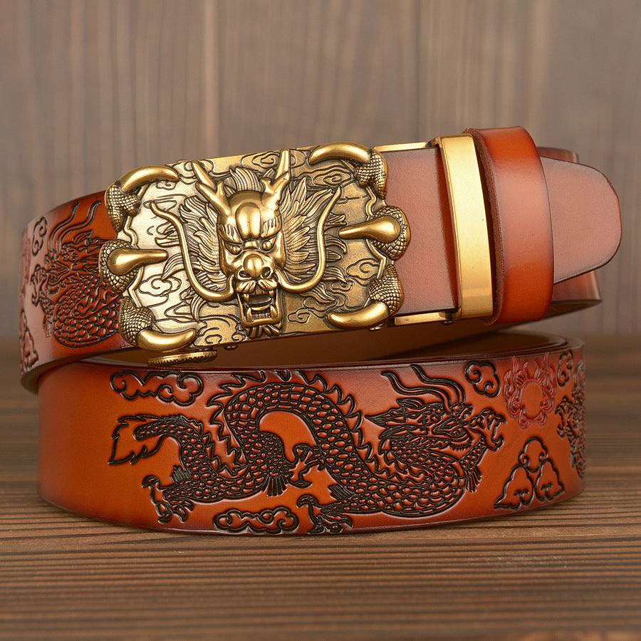 Men’s Genuine Cowhide Leather Belt with Double Dragon Oval Buckle