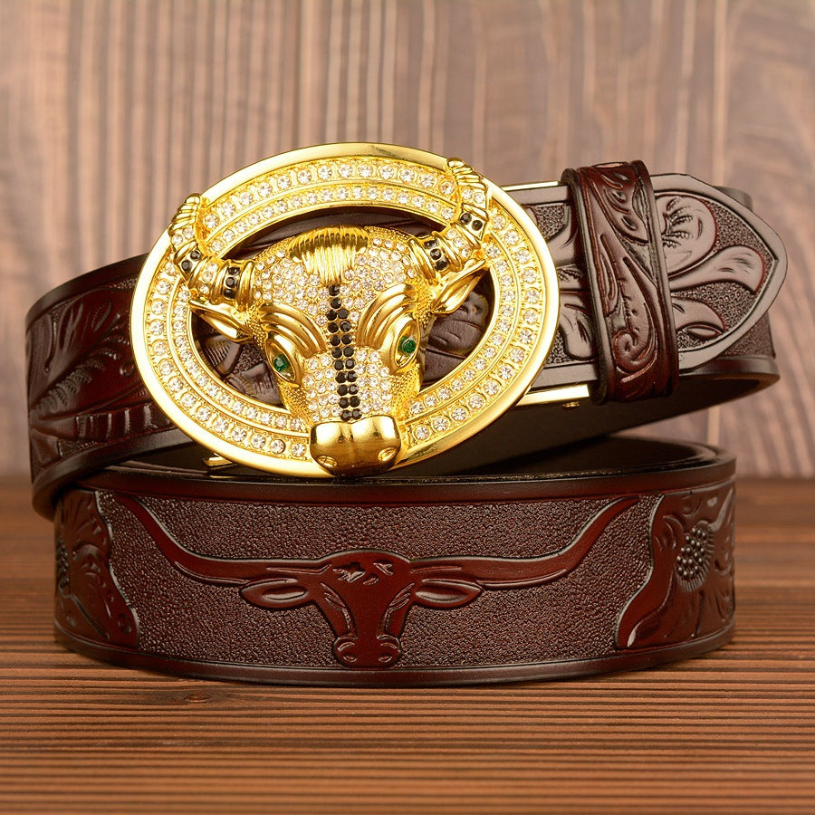 Men’s Leather Cowboy Belt with Bull Head Buckle