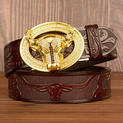 Men’s Leather Cowboy Belt with Bull Head Buckle