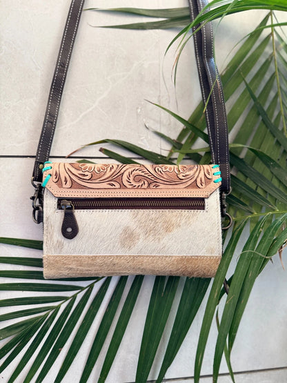 tooled leather hair on hide crossbody handbag
