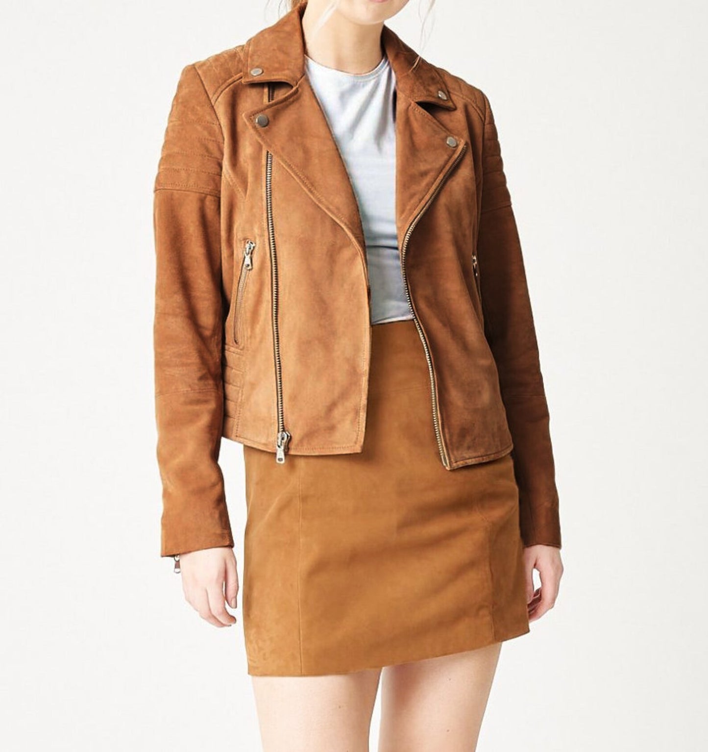 Women Tan Real Suede Leather Mini Skirt