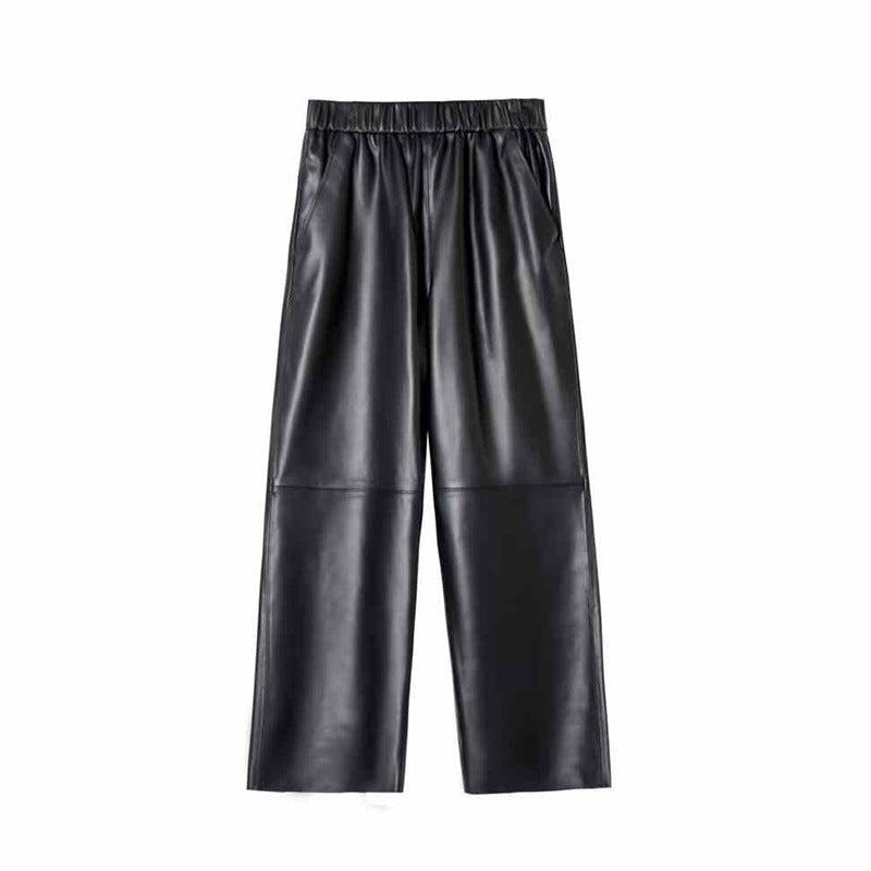 Women black sheepskin leather wide leg trousers