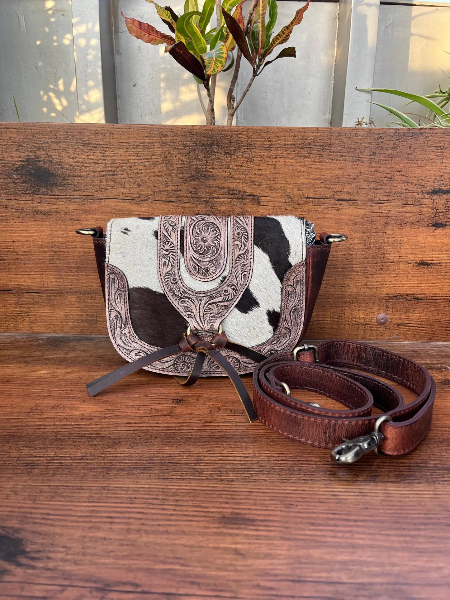 Cowhide crossbody bag tooled leather