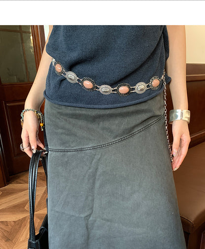 Retro western rivet belt women brown waist chain floral design 5