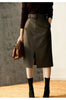 Olive Green Sheepskin Mid Length Leather Skirt with Belt and Slit