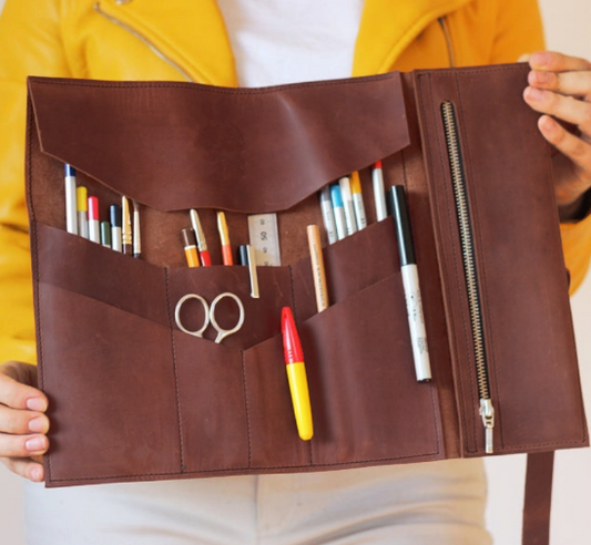 Genuine Leather Pencil Pen Roll Bag With Zipper