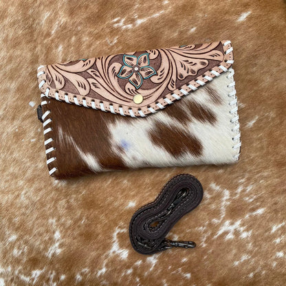 Tooled Cowhide Wallet Brown White