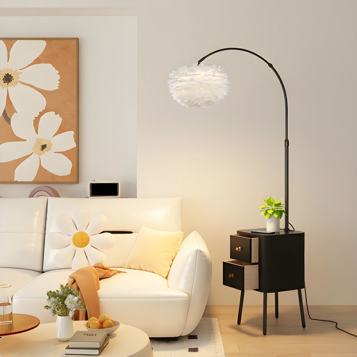 Floor Arc Lamp with Table, Drawer and Wireless Charger
