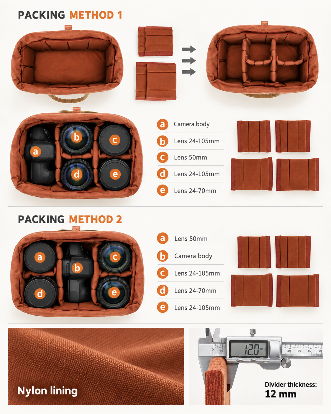 Canvas Bag Organizer for Camera Lenses with Removable Dividers