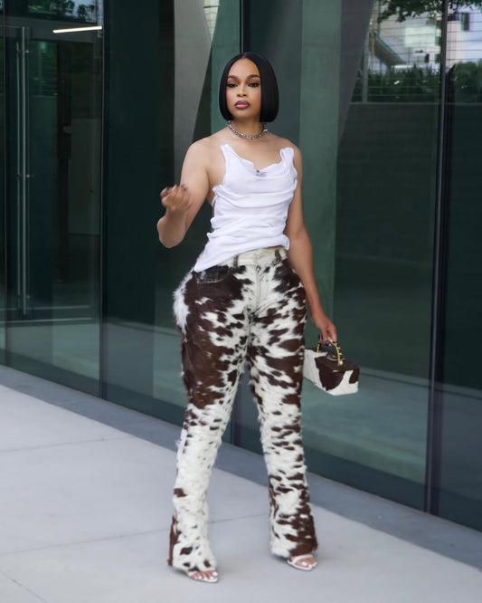 women hair on cowhide trousers