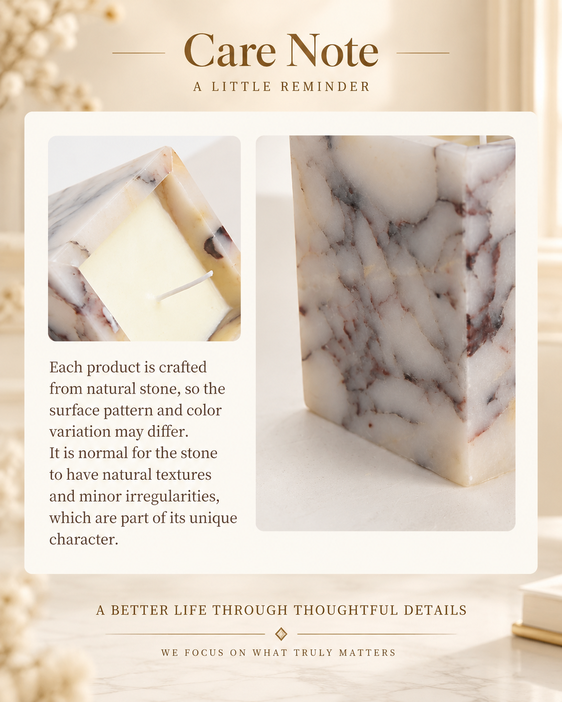 Square Marble Candle Holder with Geometric Cube Design and Stone Veining
