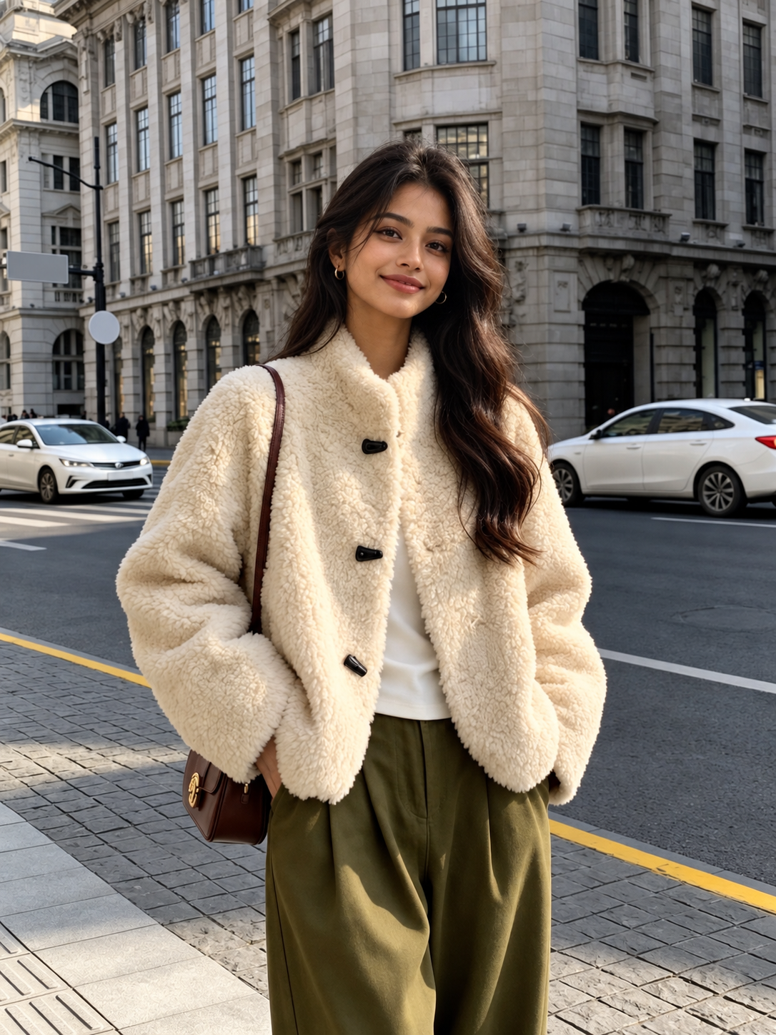 Women's Shearling Jacket with Stand Collar Short Winter Style 1 Small