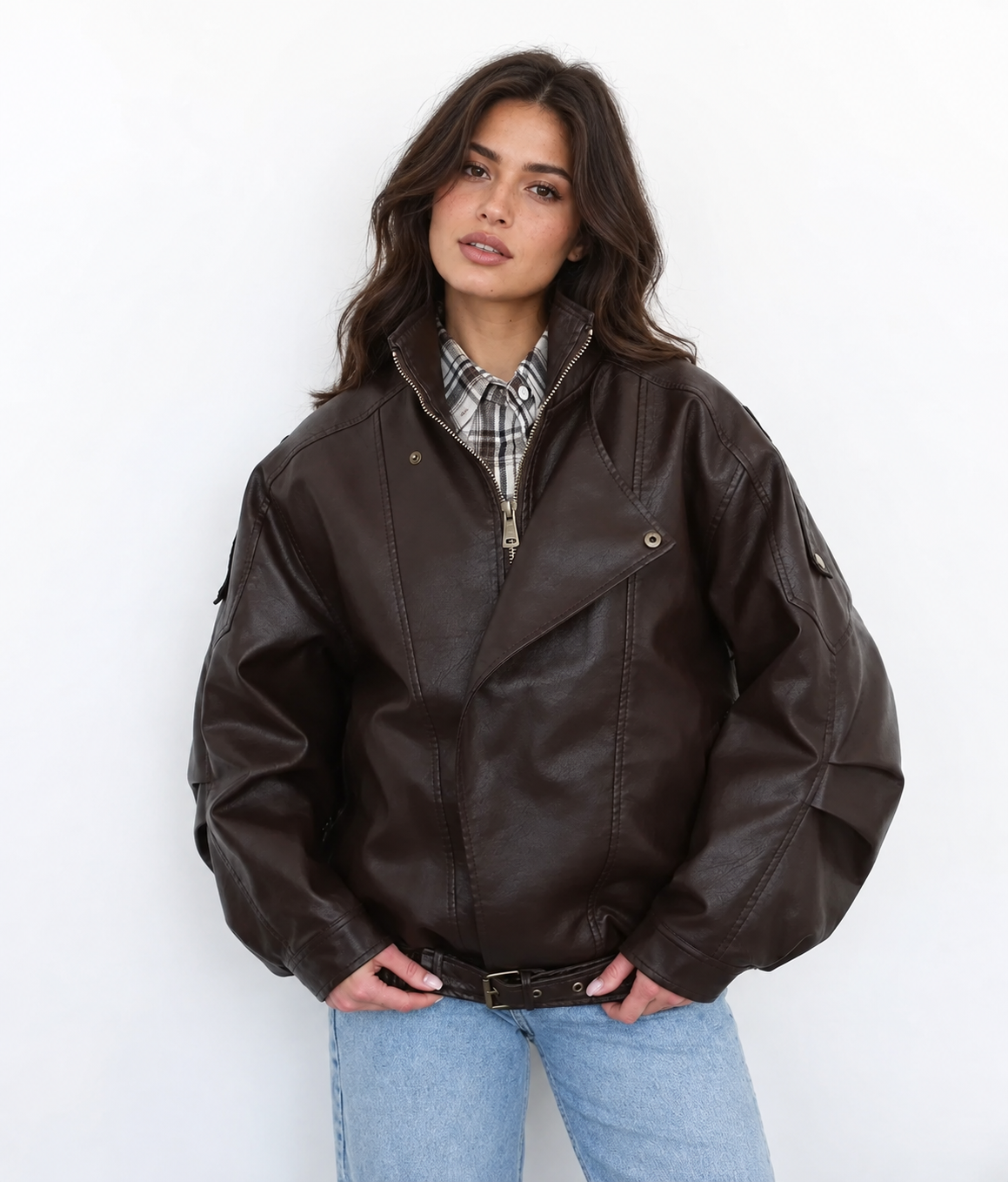 Women’s Oversized Brown PU Leather Biker Jacket with Asymmetrical Zip