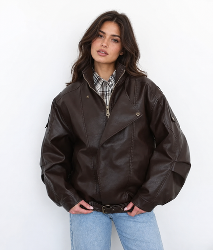 Women’s Oversized Brown PU Leather Biker Jacket with Asymmetrical Zip