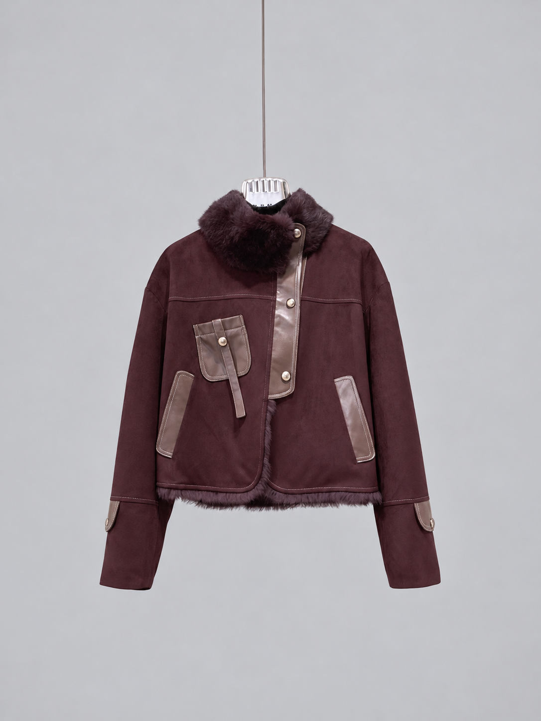 Women’s Faux Leather Jacket with Rabbit Fur Collar Winter Style