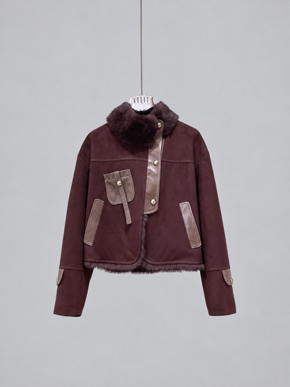 Women’s Faux Leather Jacket with Rabbit Fur Collar Winter Style