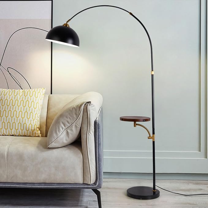Black Arc Floor Lamp with Tray Table, Wireless Charging & Marble Base
