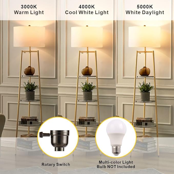Modern Golden Floor Lamp with Shelves and Fabric Shade