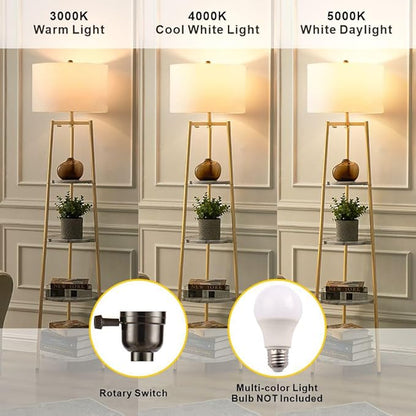 Modern Golden Floor Lamp with Shelves and Fabric Shade