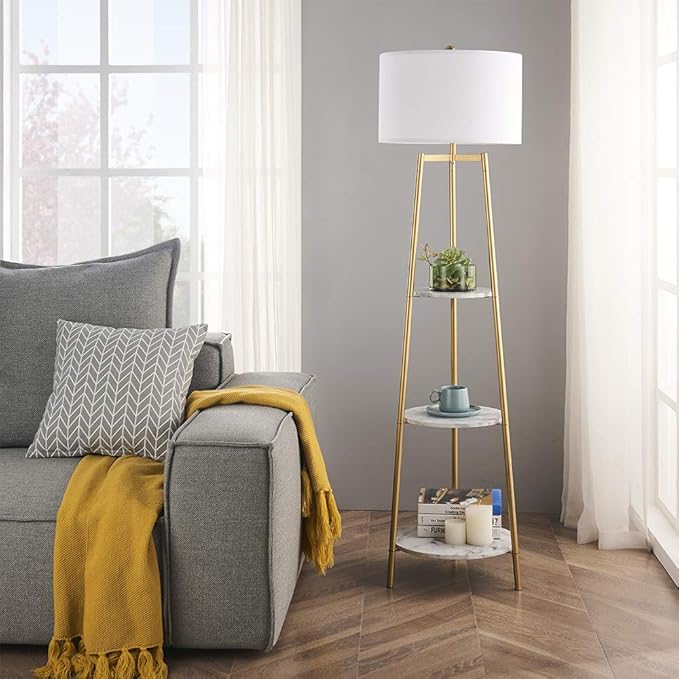 Boho Floor Lamp with Faux Marble Shelves for Living Room