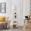 Modern Golden Floor Lamp with Shelves and Fabric Shade